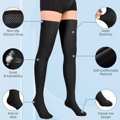 Athbavib 20-30 mmHg Thigh High Compression Stockings for Women Men - color: Closed Toe-Black, size: Large