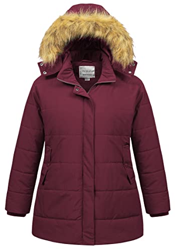 Chrisuno Women's Plus Size Winter Coat Waterproof Long Puffer Jacket Warm Thicken Parka with Removable Fur Hood - color: Wine Red, size: 2X