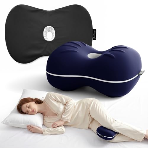 Knee Pillow for Side Sleepers - Smooth Spine Alignment Pillow, Memory Foam Knee Pillows for Back Hip Pain, Spine Aligning, Sciatica, Surgery Recovery (Blue+Grey 2 Cover, Without an Elastic Band) - color: Blue+grey 2 Cover