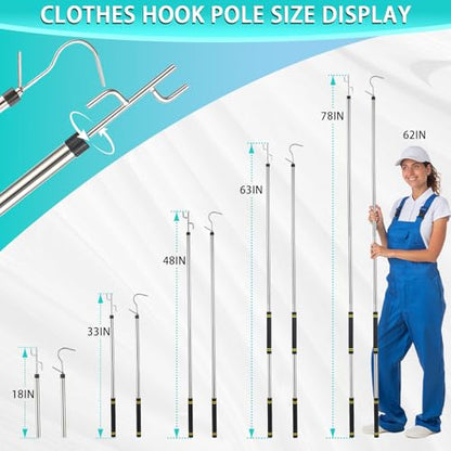 Clothes Hook Pole Heavy Duty,32 to 80In Retail Clothing Hook Pole - color: Silvery