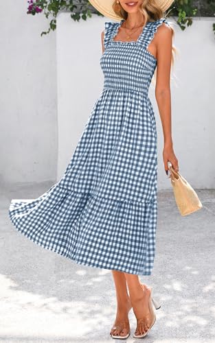 PRETTYGARDEN Women's Summer Dress Casual Ruffle Strap Gingham Midi Sundress - color: Dark Blue, size: Large