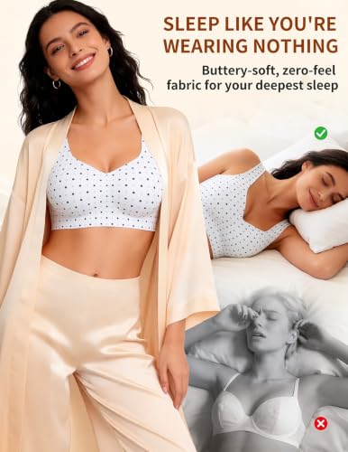Wireless Pullover Sleep Bras for Women Seamless No Underwire T Shirt Bra - color: White Polka Dot, size: Large