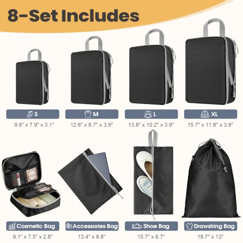8-Set Compression Packing Cubes for Travel - color: Black