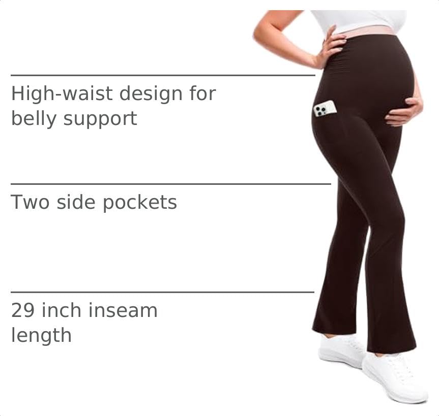 Leafigure Maternity Flare Leggings with Pockets - color: Brown, size: Medium