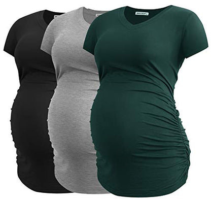 Smallshow Women's V Neck Maternity Clothes Tops Side Ruched Pregnancy T Shirt - color: Black-deep Green-light Grey(3 Pack), size: Large