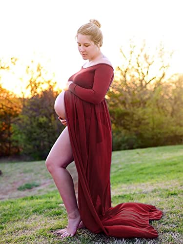 YnimioAOX Maternity Photoshoot Dress Off Shoulder Long Sleeve - color: Burgundy
