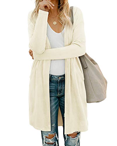 OUGES Women's Open Front Cardigan Shirt with Pockets Long Sleeve Lightweight Coat - color: Apricot, size: Large