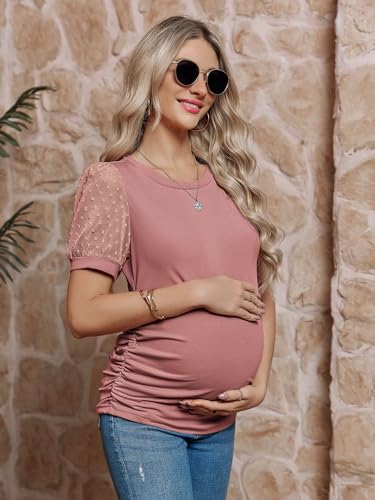FMEYOA Women's Maternity Shirt Long Sleeve Top Mock Neck Blouse - color: Z-pink, size: Medium