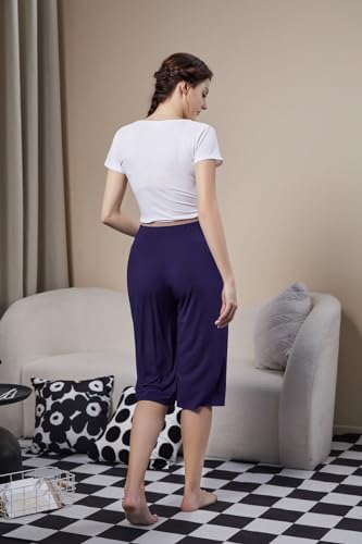 Maternity Lounge Capri Pants, Maternity Cropped Capri Pregnancy, Light Relaxed Soft Touch Trousers with Pockets - color: Navy Blue, size: Medium