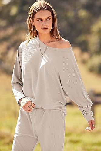 PRETTYGARDEN Women's 2 Piece Fall Outfits Matching Ribbed Knit Lounge Sets - color: Apricot, size: Medium