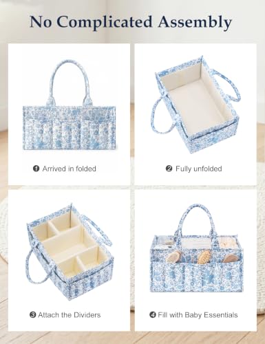 Quilted Diaper Caddy Organizer with Handle, Portable Nursery Storage Basket - color: Blue‌ Flower