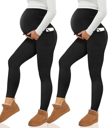 Happy.angel 2 Pack Maternity Fleece Lined Leggings with Pockets for Winter - color: A-black/ Black, size: Medium