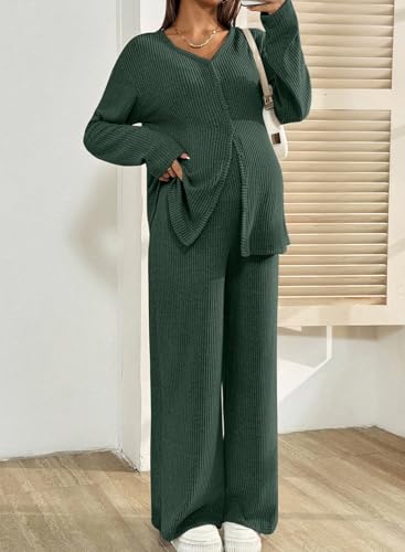 BLENCOT Maternity Lounge Set 2 Piece Long Sleeve Top and Pants with Pockets - color: Dark Green, size: Medium
