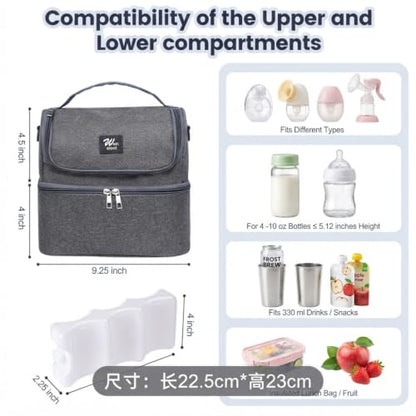 Breast Pump Bag with 2 Ice Packs Insulated Tote with Shoulder Strap - color: Gray