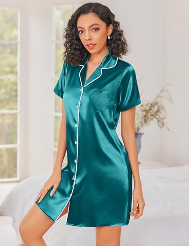 Ekouaer Silk Nightgowns for Women Satin Sleep Shirts Button Down Nightshirt - color: Blue Green, size: Medium