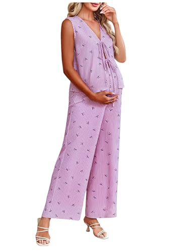 MakeMeChic Women's Maternity Summer 2 Piece Outfits Pregnancy Boho Vacation Striped Bow Top and Pants Set - color: Purple, size: XX-Large