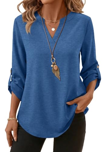 XIEERDUO 3/4 Length Sleeve Womens Tops V Neck T Shirts Both Side Buttons Blouses Business Casual Outfits Loose Fit - color: Blue, size: XX-Large