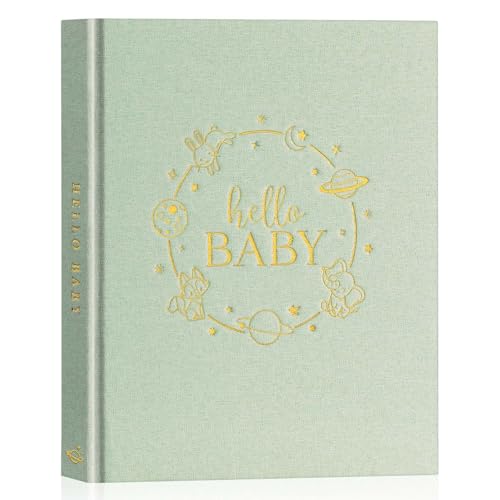 Lanpn Hello Baby Memory Book for Boy Girl - Linen Hardcover Baby Journal Book Keepsake for New Parents - Newborn Baby First 5 Year Scrapbook Photo Album Baby Milestone Book (Sage Green, 154 Pages) - color: Sage Green