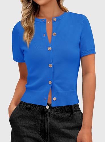 PRETTYGARDEN Womens Summer Cardigan Short Sleeve Sweater - color: Blue, size: Medium