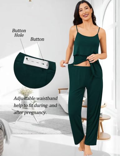 SWOMOG Maternity Nursing Robe Set 3 PCS Postpartum Pajamas Breastfeeding Pregnancy Robe & Camisole & Pants - color: Emerald Green, size: Large