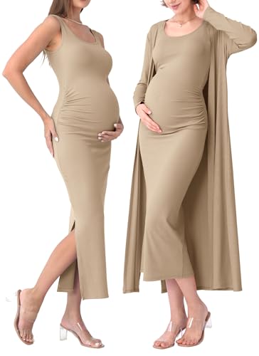 Rnxrbb 2 PCS Summer Fall Maternity Dresses Long Cardigan Set for Women - color: Light Coffee, size: XX-Large
