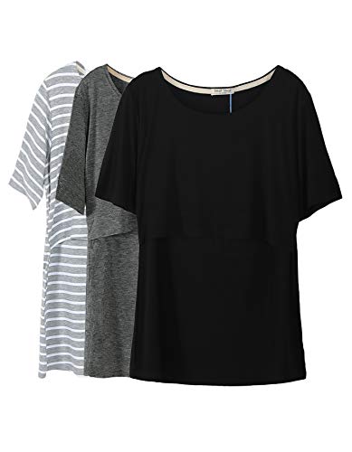 Smallshow Women's Maternity Nursing Tops Short Sleeve Breastfeeding Clothes - color: Grey Stripe/Dim Grey/Black(3 Pack), size: Large