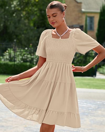 BTFBM Women's Summer Smocked Mini Dress 2026 - color: Khaki, size: Large