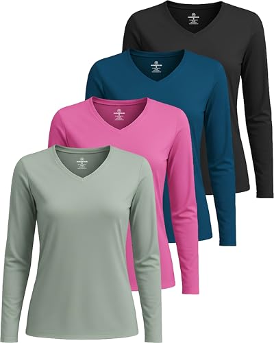 Real Essentials 4 Pack: Women's Long Sleeve Dry Fit V-Neck T-Shirt - Active Athletic Workout Gym Top (Plus Available) - color: Set 2, size: XX-Large