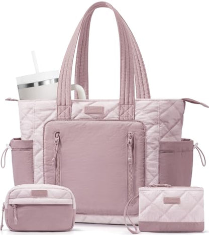 Bagstellar Puffer Tote Bag for Women, Lightweight Puffy Work Laptop Handbag - color: Pink