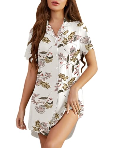 Pjmlifecoco Women's Button Down Nightgown Short Sleeve Sleep Shirt - color: White Maple Flower, size: Small