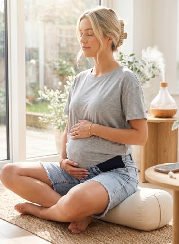 BLENCOT Maternity Jeans Bermuda Shorts Elastic Waist Raw Hem - color: Light Blue, size: Medium