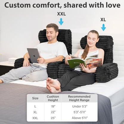 ENITYA 22" XL Back Pillow for Bed Sitting Up with Armrests & Big Pockets - color: Black, size: XL(5'3"-5'11")