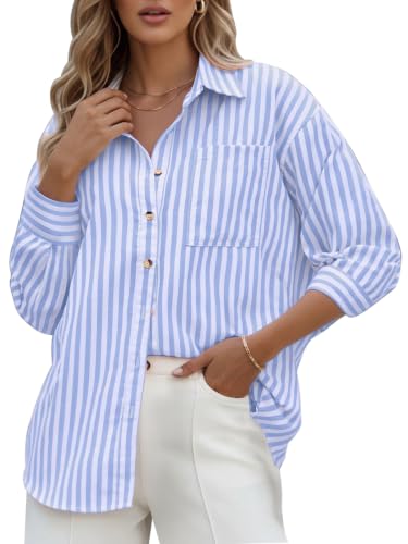 CHYRII Women's Striped Button Down Long Sleeve Blouse - color: Blue, size: Large