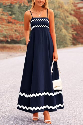 PRETTYGARDEN Women's Summer Spaghetti Strap Boho Maxi Dress - color: Dark Blue, size: Large