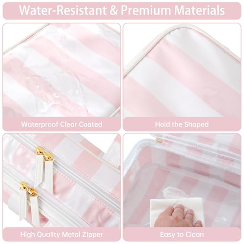Toiletry Bag for Women, White and Pink Stripe - color: Pink-White