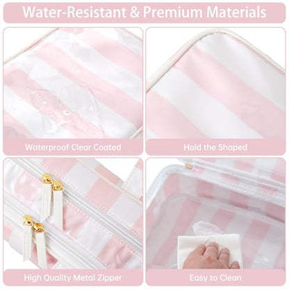 Toiletry Bag for Women, White and Pink Stripe - color: Pink-White