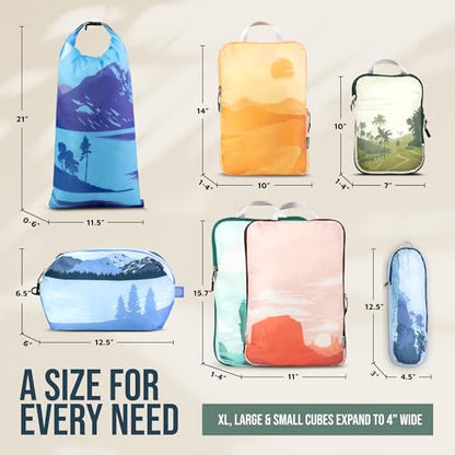 TRIPPED Travel Gear Large Compression Packing Cubes 7-Piece Set for Travel - color: Getaways