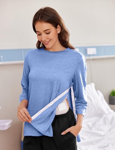 Deyeek Women's Post Shoulder Surgery Shirts Tear Away 3/4 Snap Tops - color: Blue, size: Medium
