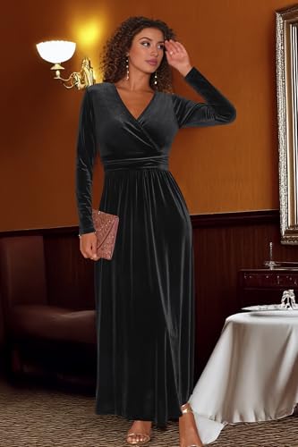 OUGES Women's Warp Pockets Maxi Fall Winter Cocktail Formal Dress 2026 - color: G-velvet Black, size: Large