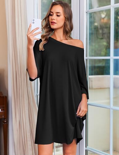 Ekouaer Nightgowns for Women Bamboo Viscose Night Gown Plus Size Nightshirt - color: Black, size: Medium