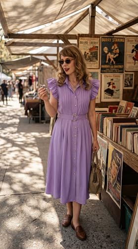 ZESICA Womens Summer Button Midi Dress Casual Work Dresses - color: Purple, size: Small