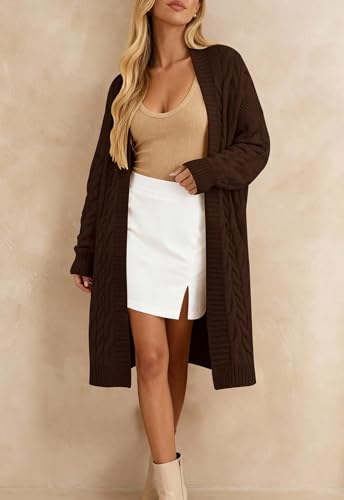 PRETTYGARDEN Long Sleeve Open Front Chunky Cardigan Sweaters for Women Cable Knit Long Cardigans Spring Outfits with Pockets - color: Brown, size: Large