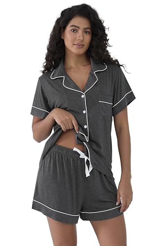 Cherrydew Women's Bamboo Viscose Cooling Button Up Pajama Shorts Set - color: Charcoal, size: XX-Large