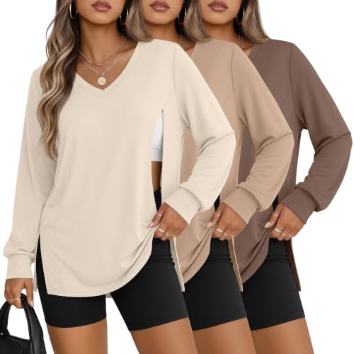 3 Pack Women's Nursing Breastfeeding Long Sleeve Shirts - color: Cream, Khaki, Light Brown, size: Medium