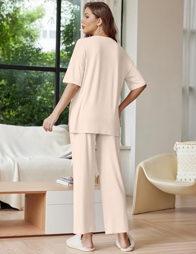 Ekouaer Lounge Sets for Women Soft Comfy Pajama Set 2 Piece Outfits - color: Beige, size: Medium