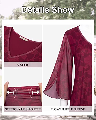 Bebonnie Womens Ruffle 3/4 Sleeve V Neck Double Layers Mesh Blouses Loose Fit Flowy Tunic Tops - color: Berry Red, size: Medium