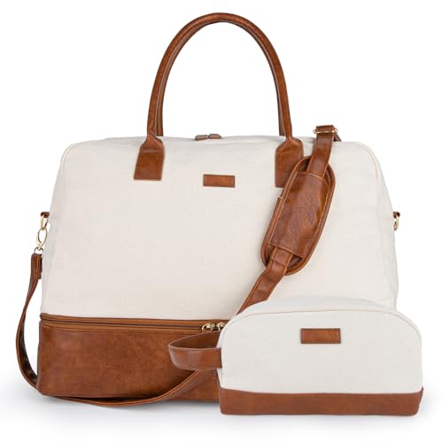 MyMealivos Canvas Weekender Bag Travel Duffel Shoe Compartment Overnight - color: Ivory