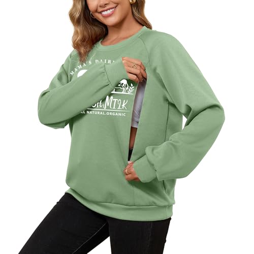 DEBELLY Nursing Friendly Sweatshirt for Breastfeeding Dual Zippers - color: Sage Green Printed Pattern, size: X-Large