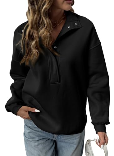 BLENCOT Women Mock Neck Sweatshirt Oversized Long Sleeve Henley Shirts - color: Black, size: Medium