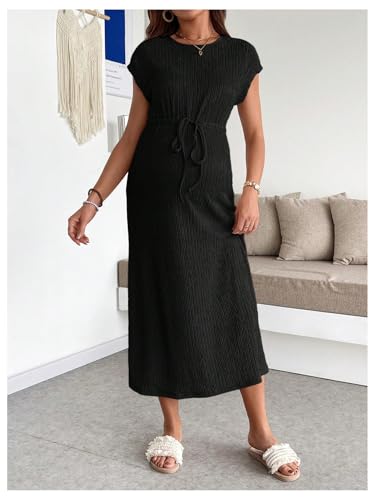OYOANGLE Women's Maternity Summer Casual Short Sleeve Long Midi Dress - color: Black, size: Medium